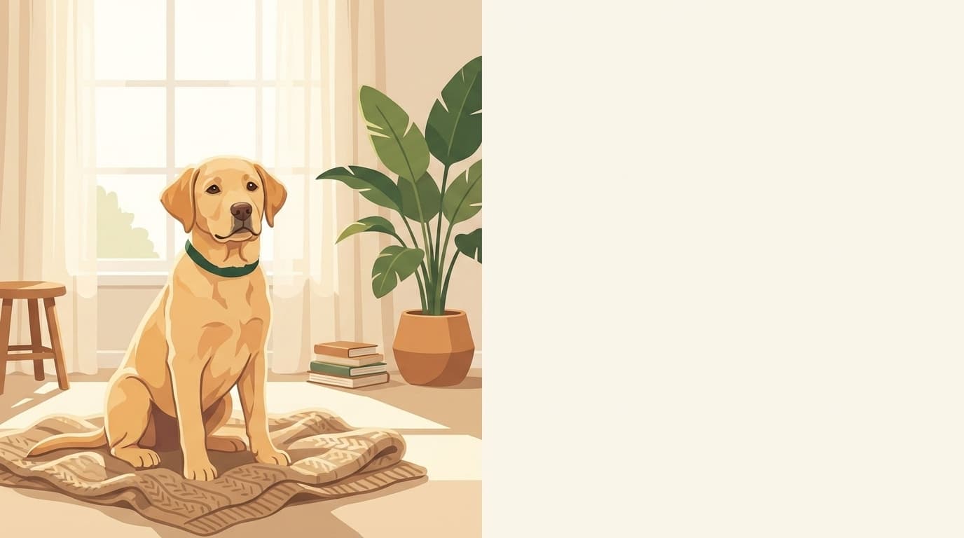 Symbolische Illustration: ein aufmerksamer junger Hundewelpe sitzt ruhig in einem hellen Raum. Keine fachliche Aussage.