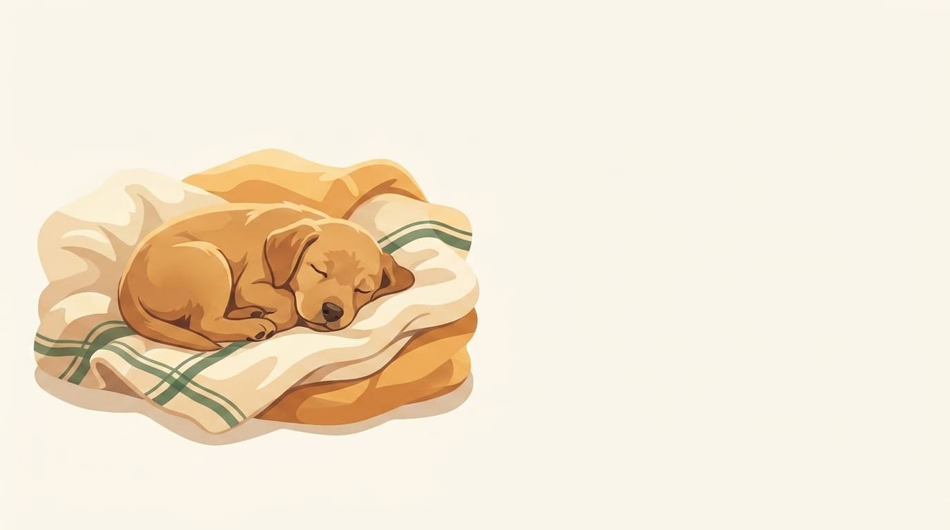 Symbolische Illustration: ein winziger Welpe schläft zusammengerollt auf einer weichen Decke. Keine fachliche Aussage.