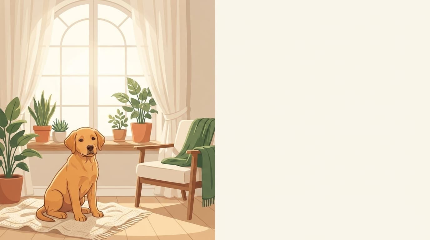 Symbolische Illustration: ein gesunder junger Hundewelpe sitzt ruhig in einem hellen Raum. Keine fachliche Aussage.